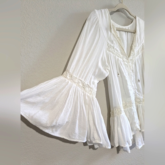 Spell Isla Bay Flare Sleeve Lace Trim Mini Dress Or Tunic Long Sleeve Blouse S - Picture 8 of 16